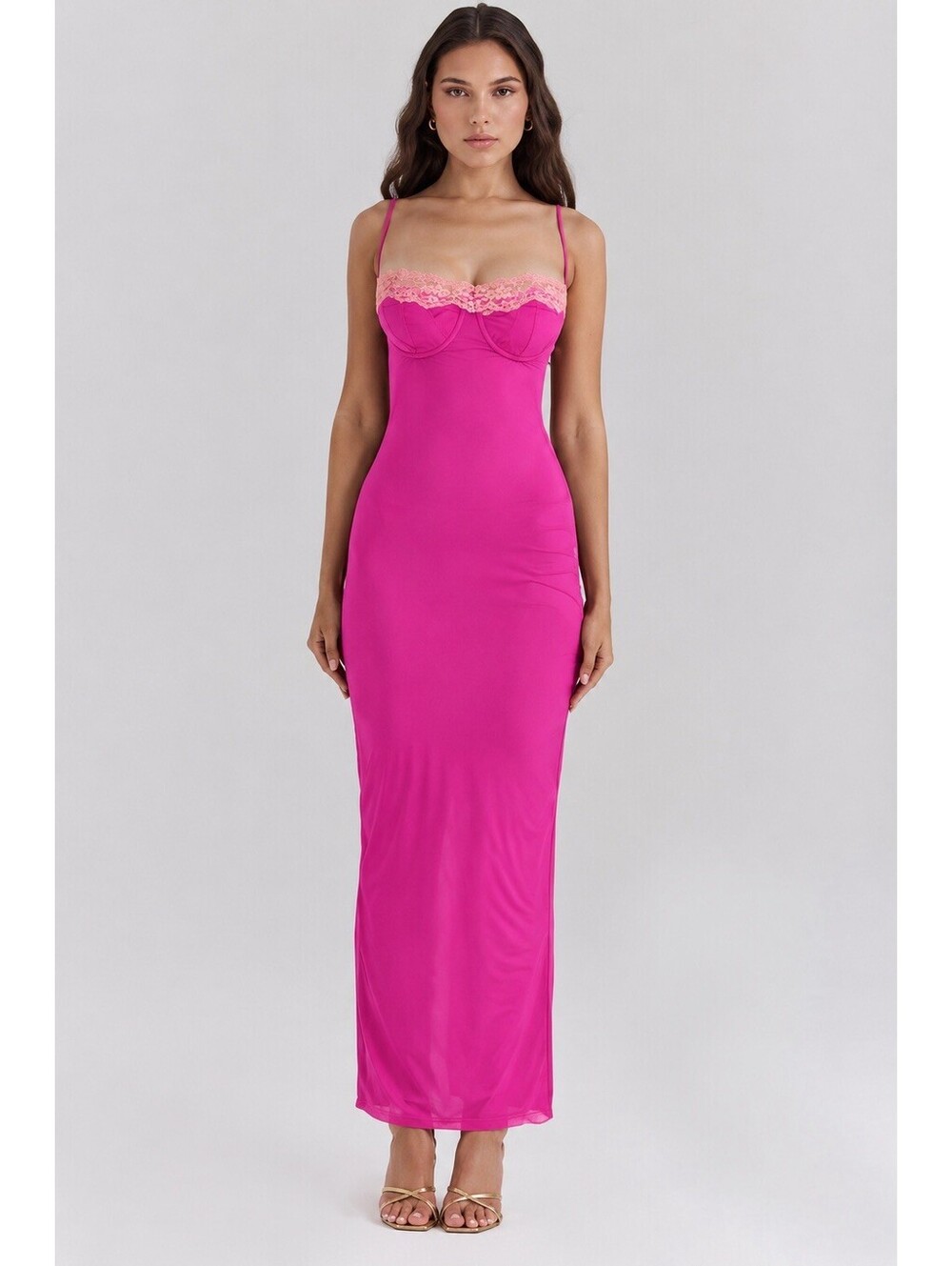 Lavish Ivy Pink Maxi Dress S Lace Trim Bustier Corset Spaghetti Strap Y2K